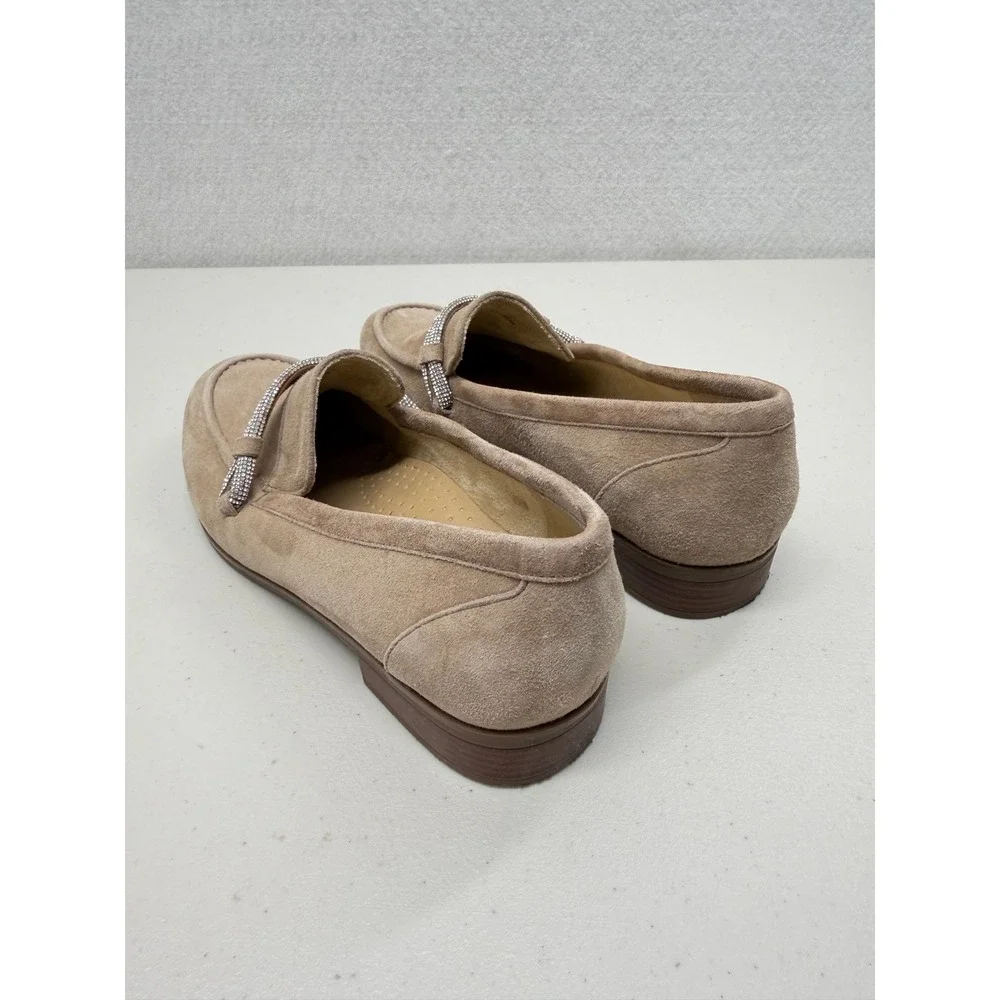 Vaneli Taupe Suede Rhinestone Embellished Slip On Loafers Old Money Shoes 8.5 M